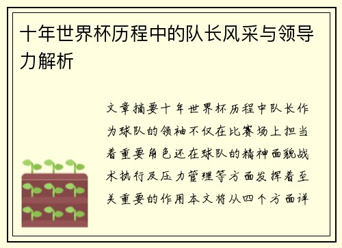 十年世界杯历程中的队长风采与领导力解析