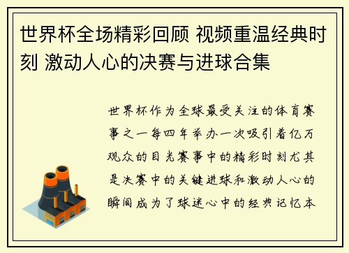 世界杯全场精彩回顾 视频重温经典时刻 激动人心的决赛与进球合集