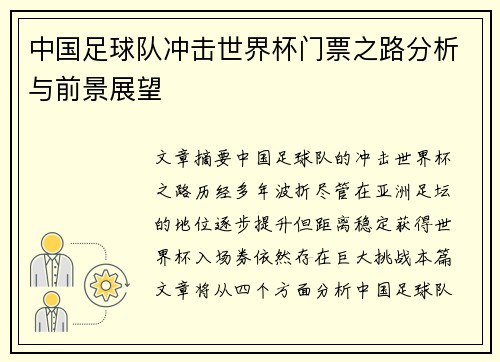 中国足球队冲击世界杯门票之路分析与前景展望