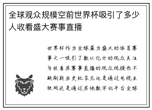 全球观众规模空前世界杯吸引了多少人收看盛大赛事直播