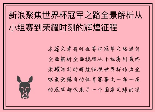 新浪聚焦世界杯冠军之路全景解析从小组赛到荣耀时刻的辉煌征程